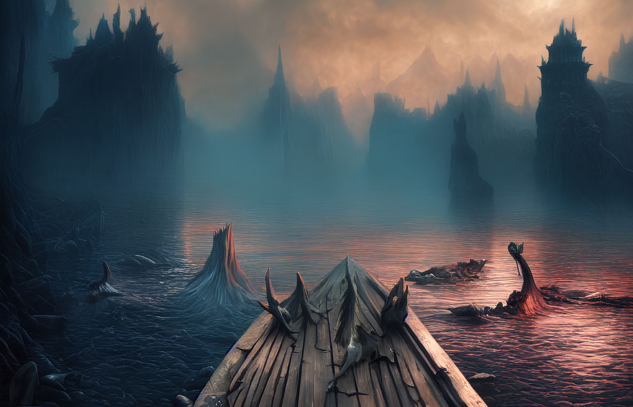 Mystical landscape with mountains, misty river, raft, and castle