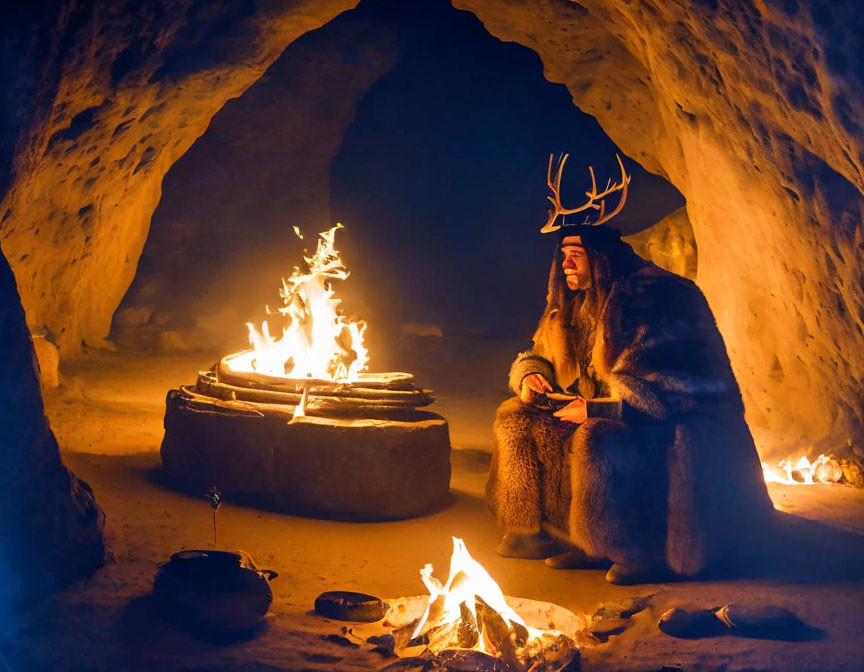 Shamanic figure with antlers sits by fire in cave