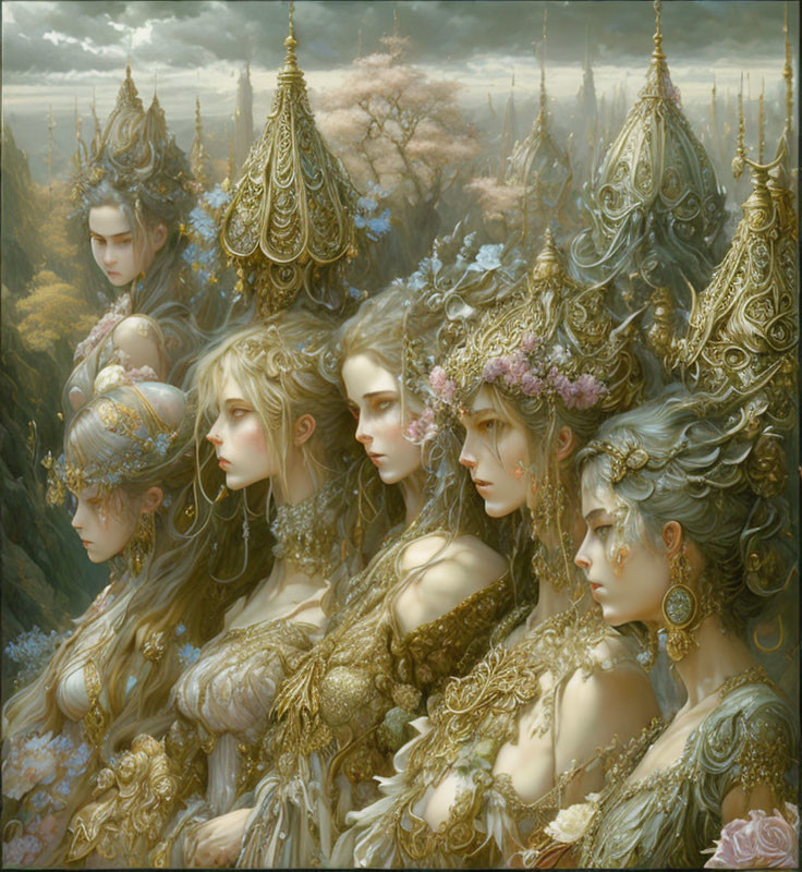 Ethereal characters in ornate golden headdresses and armor against mystical backdrop