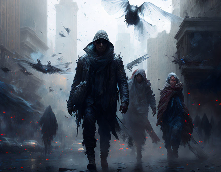 Travelers in dystopian cityscape with birds, eerie figures, and glowing embers.