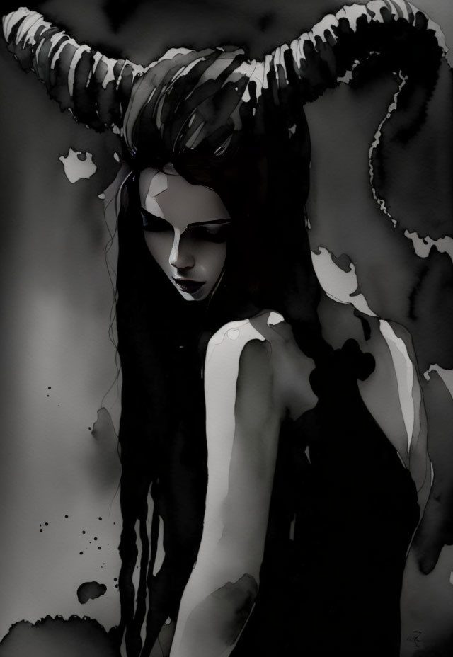 Monochromatic artwork of a person with dark hair and large horns in a mythical setting.