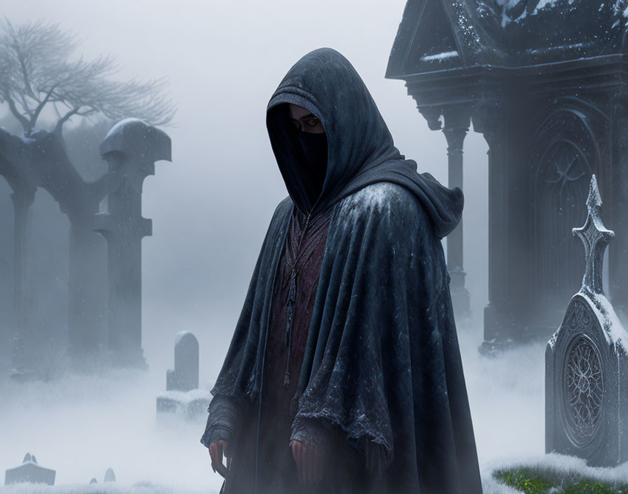 Hooded Figure in Foggy Cemetery with Gravestones