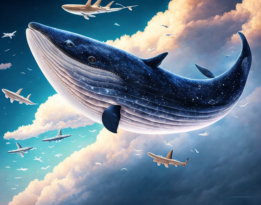 Giant whale with starry night sky pattern soaring among clouds and airplanes