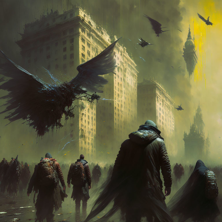 Group of people in heavy coats walking towards dark, dystopian cityscape with ominous birds and decaying