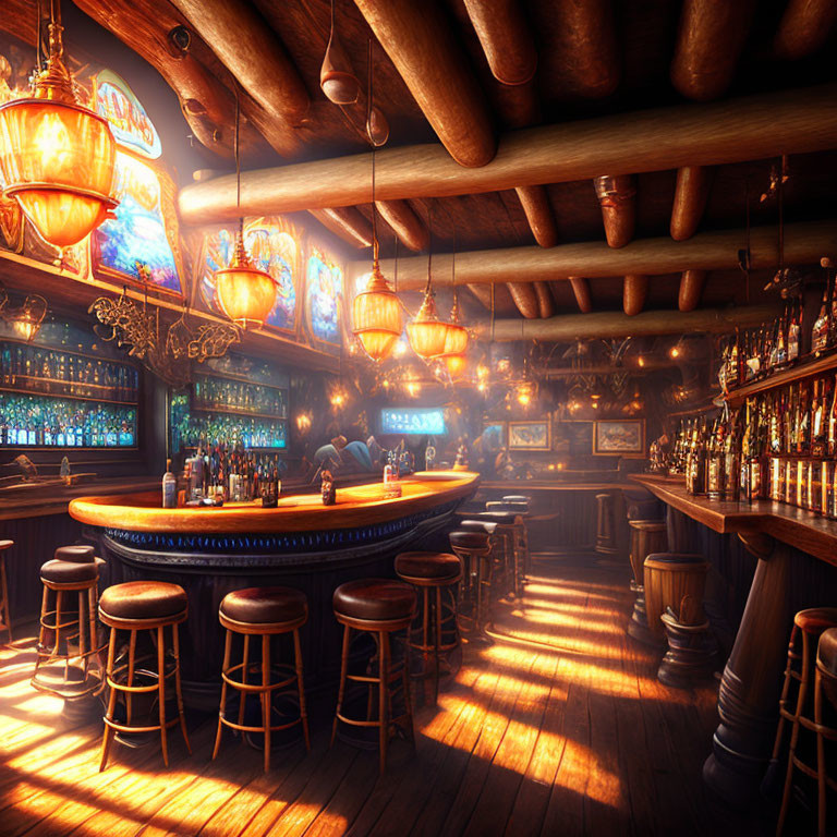 Warmly lit wooden bar with curved counter, stools, and stocked shelves