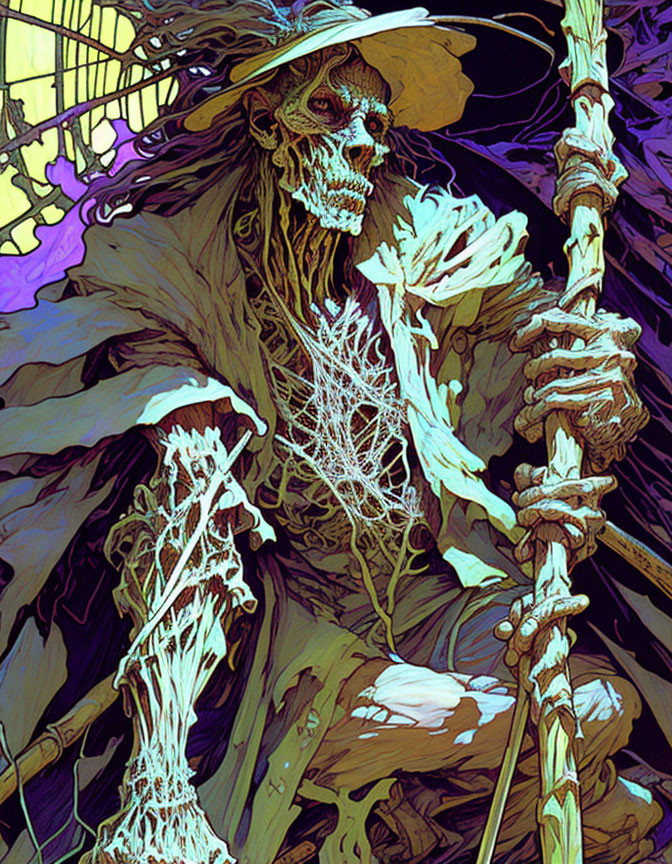 Illustration of skeletal figure with hat and staff on vibrant background