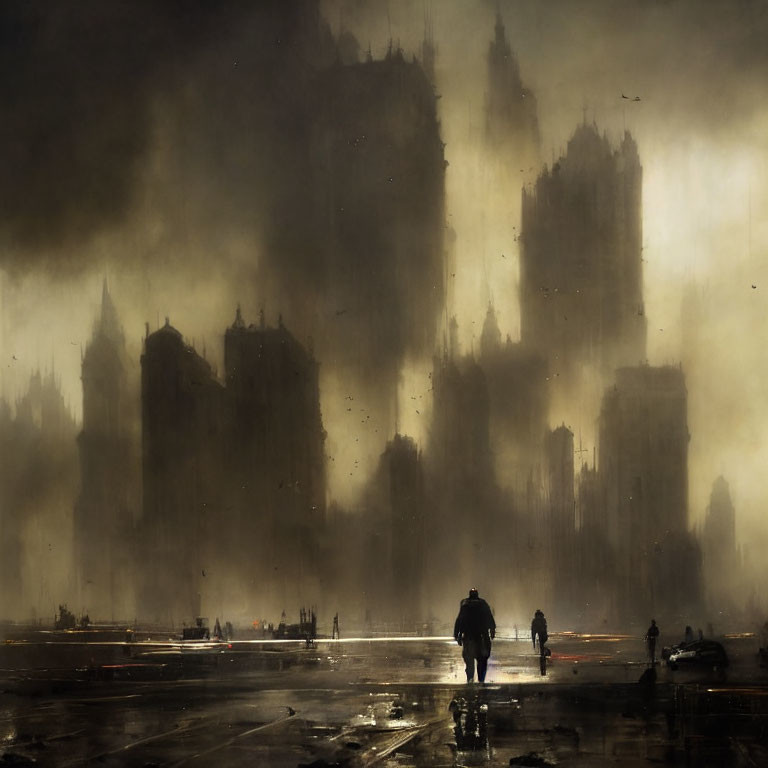 Silhouettes of people and cars in a misty cityscape with towering skyscrapers