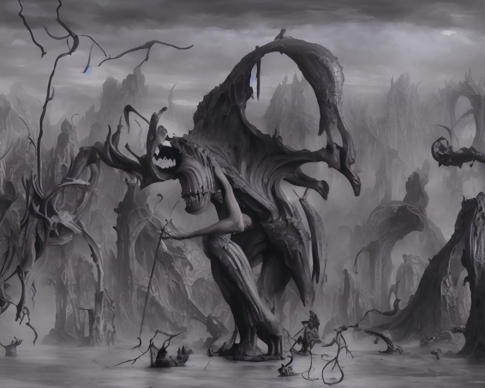 Large-horned creature in dark, desolate landscape with twisted shapes