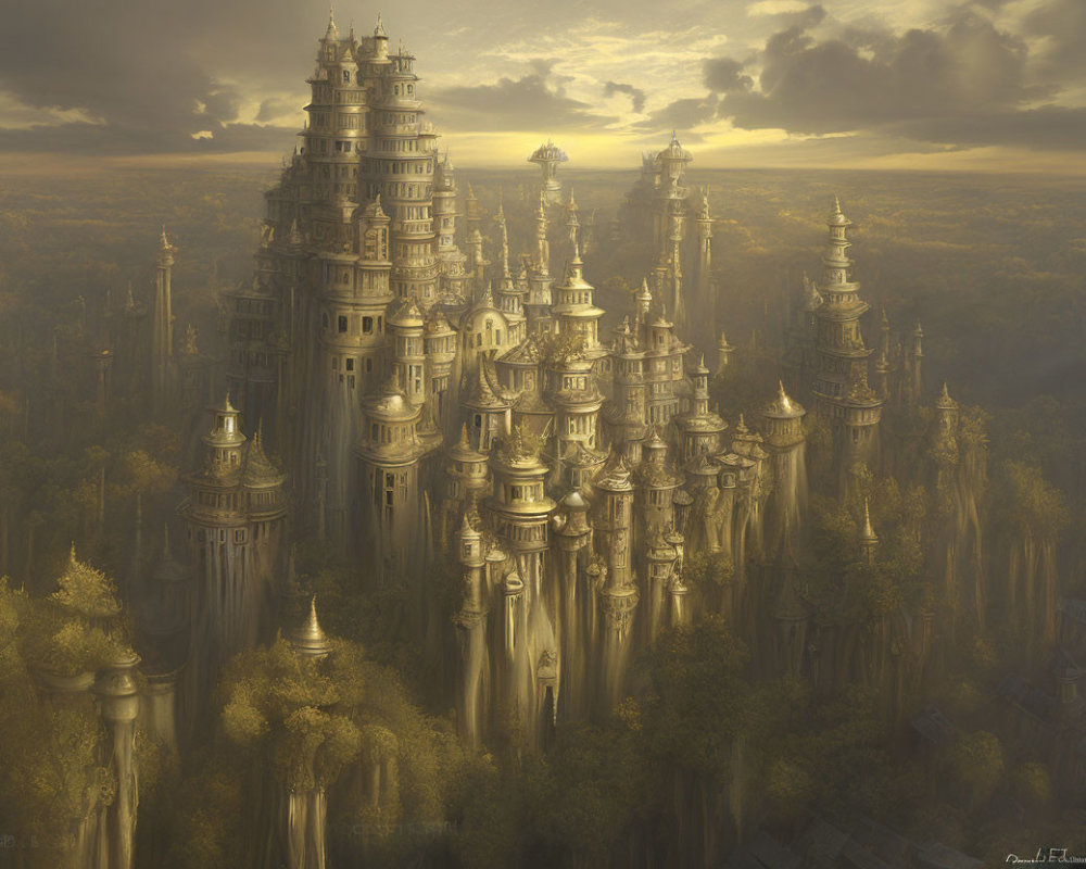 Golden city with spires in autumn forest under sunlight