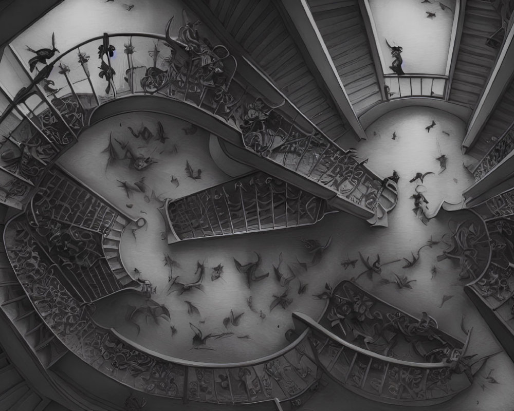 Intricate monochrome spiral staircase with Escheresque impossible geometry