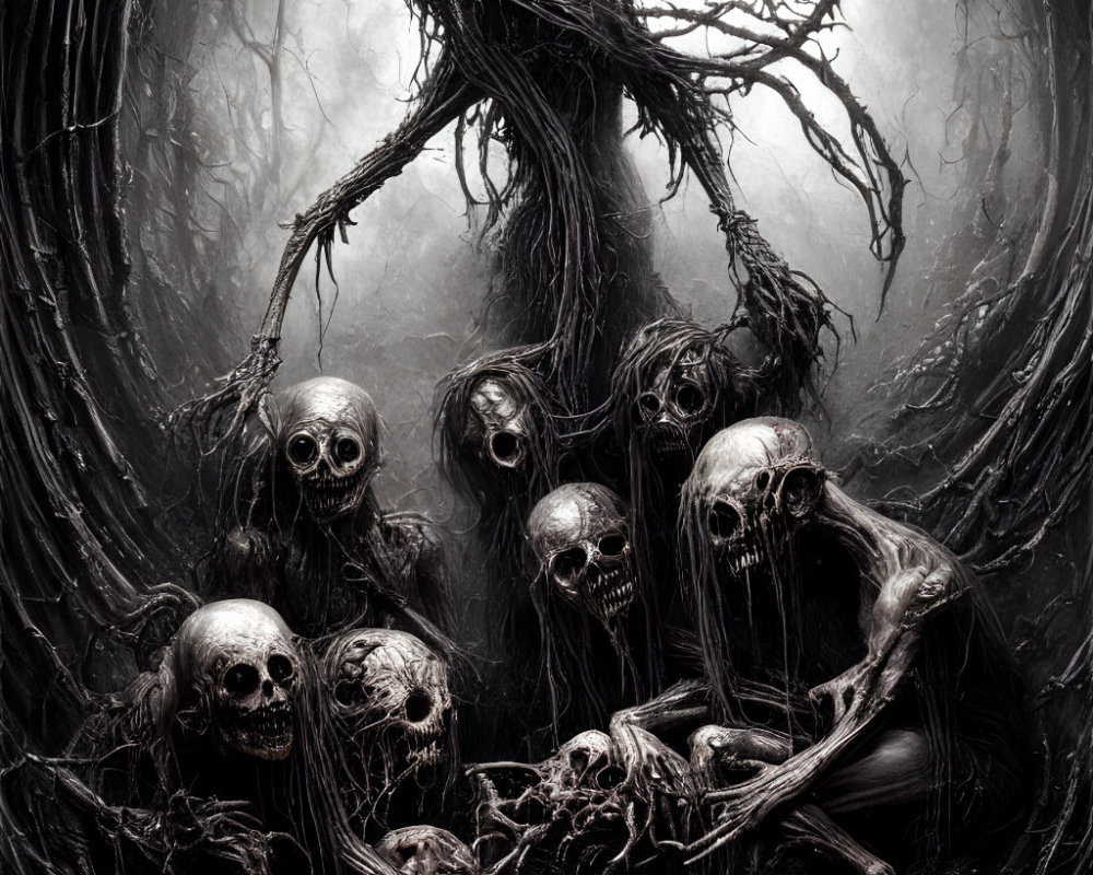 Monochrome illustration of skeletal figures and eerie tree entity