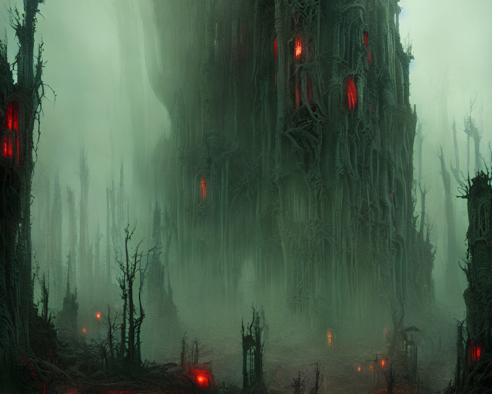 Eerie forest with towering trees and red glowing lights in thick fog