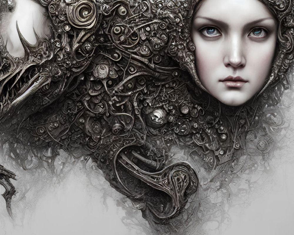 Surreal portrait featuring woman's face with metallic shapes and mythical creatures