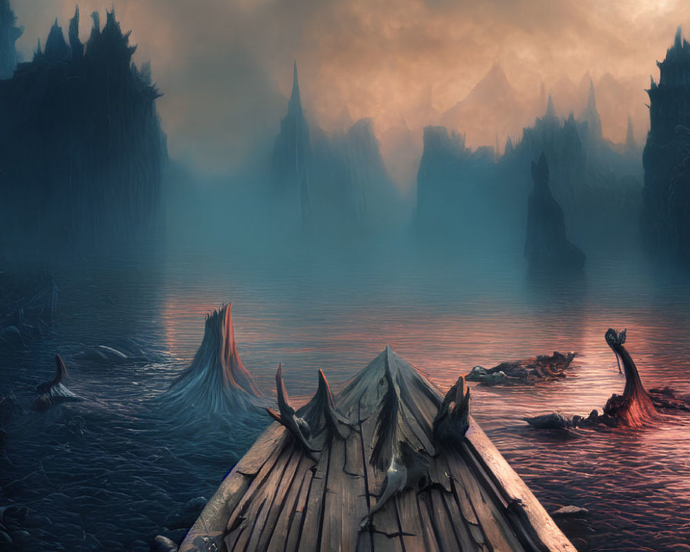 Mystical landscape with mountains, misty river, raft, and castle