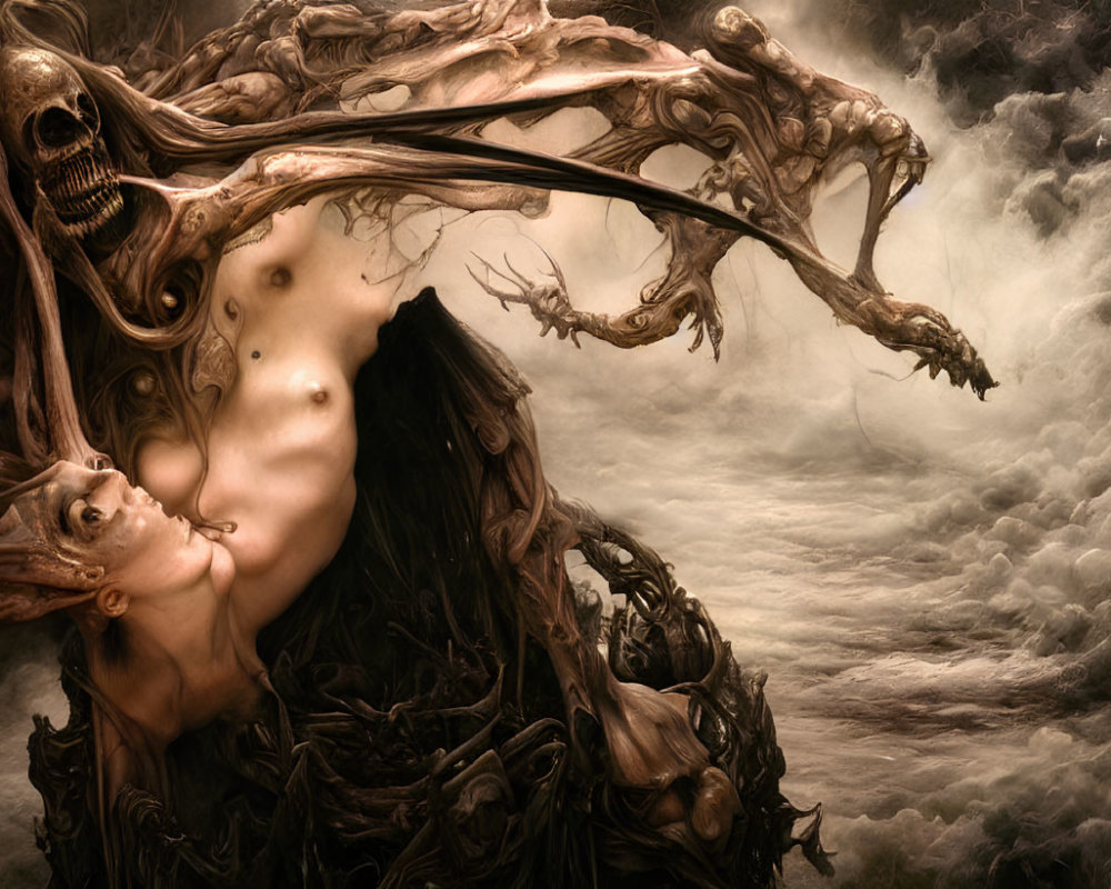 Surreal artwork: person entangled in dark roots with skull, stormy cloud background