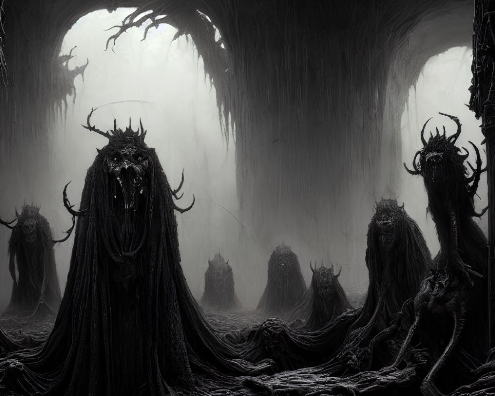 Monochromatic image of figures in crowns and robes in eerie cathedral setting