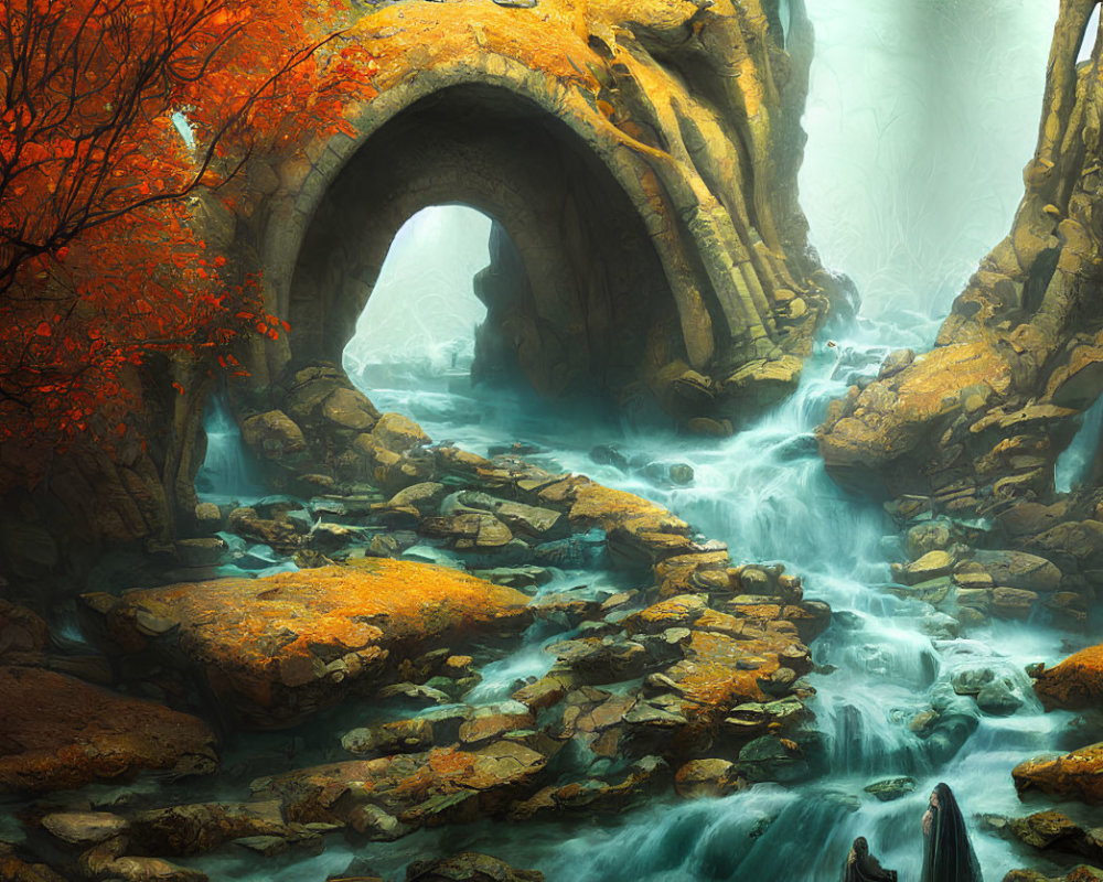 Mystical stream under stone bridge in foggy forest landscape