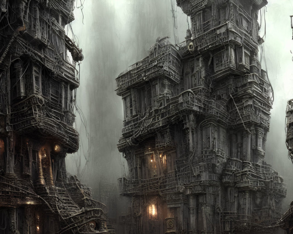 Eerie mist-covered buildings with dimly lit windows