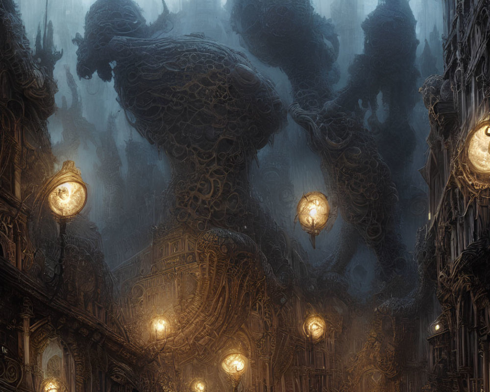 Gothic cityscape with glowing street lamps and colossal statues