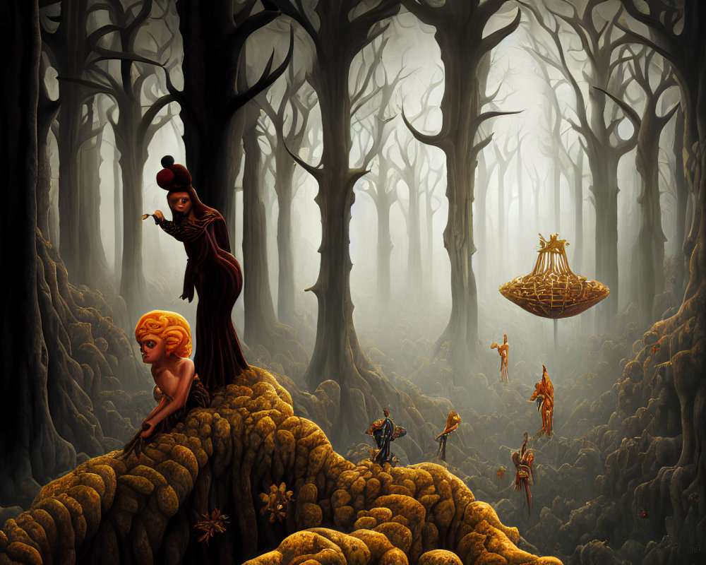 Surreal forest scene with anthropomorphic trees and fantastical figures