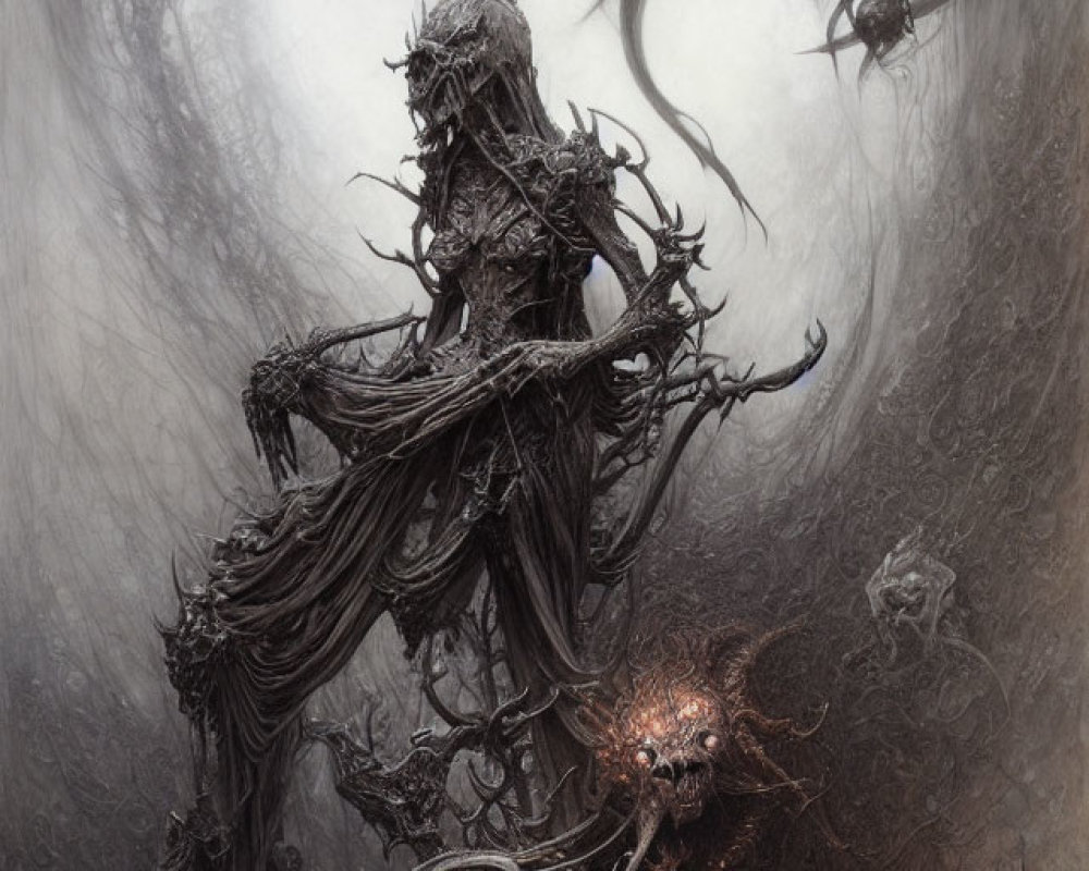 Mysterious figure in tattered robes with twisted branches among glowing-eyed creatures