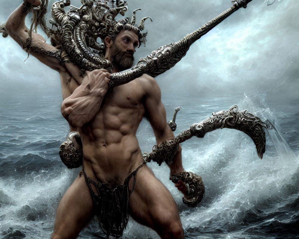 Muscular mythical warrior with trident in ocean waves