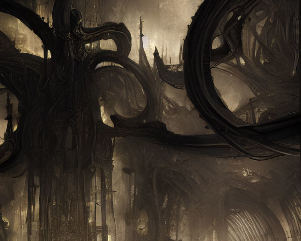 Gothic landscape with twisted trees and eerie spires