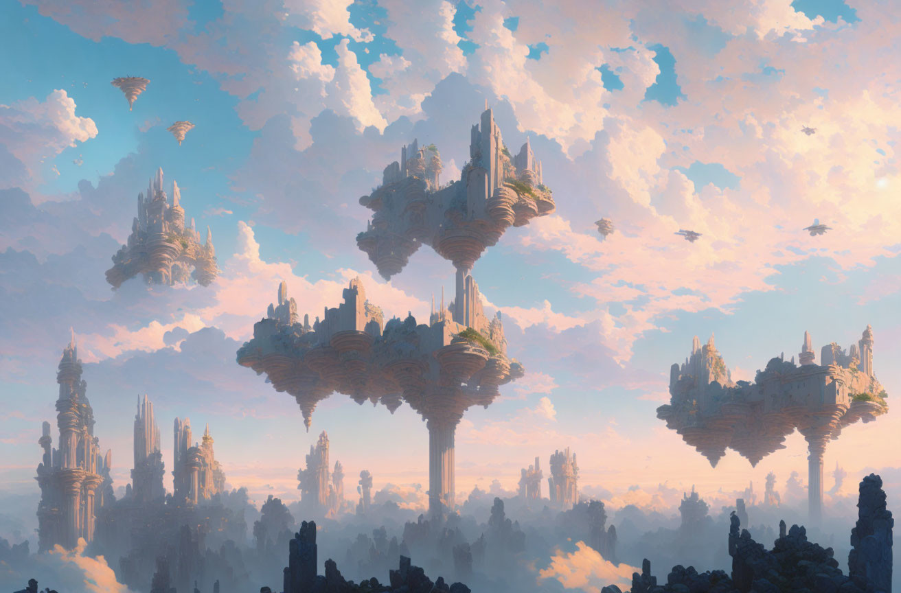 Fantasy landscape: floating islands, towering spires, warm sunlight