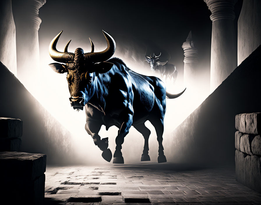 Muscular bull with glowing eyes and horns charging down dimly lit corridor