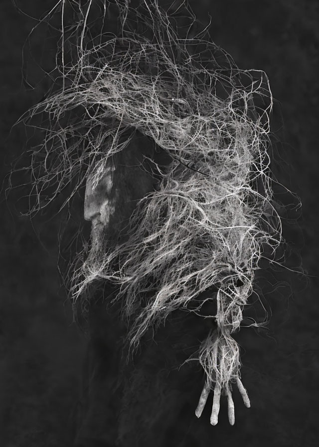 Monochromatic image of person obscured by web-like fibers