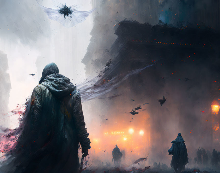 Cloaked Figure in Dystopic Cityscape with Alien Ship