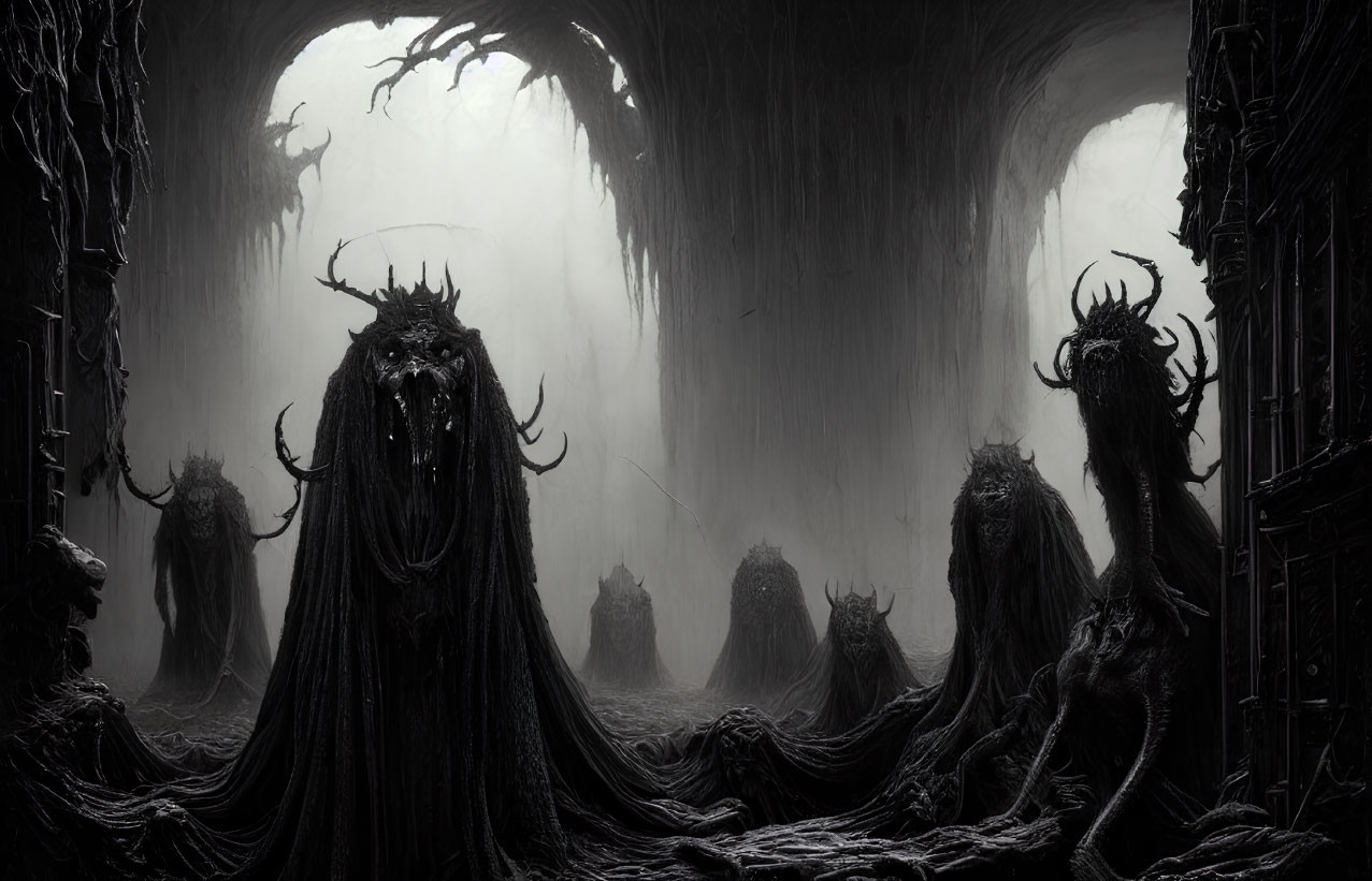 Monochromatic image of figures in crowns and robes in eerie cathedral setting