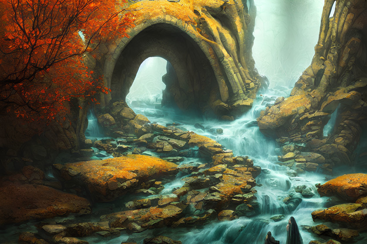Mystical stream under stone bridge in foggy forest landscape