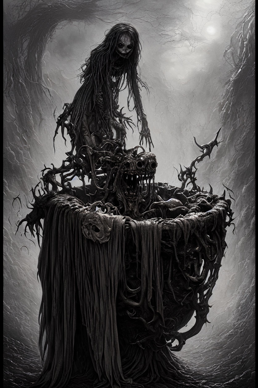 Macabre illustration of ghastly figure in eerie setting