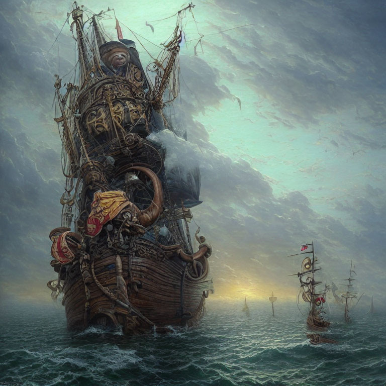 Ornate, fantastical ship with elaborate decorations sailing stormy seas