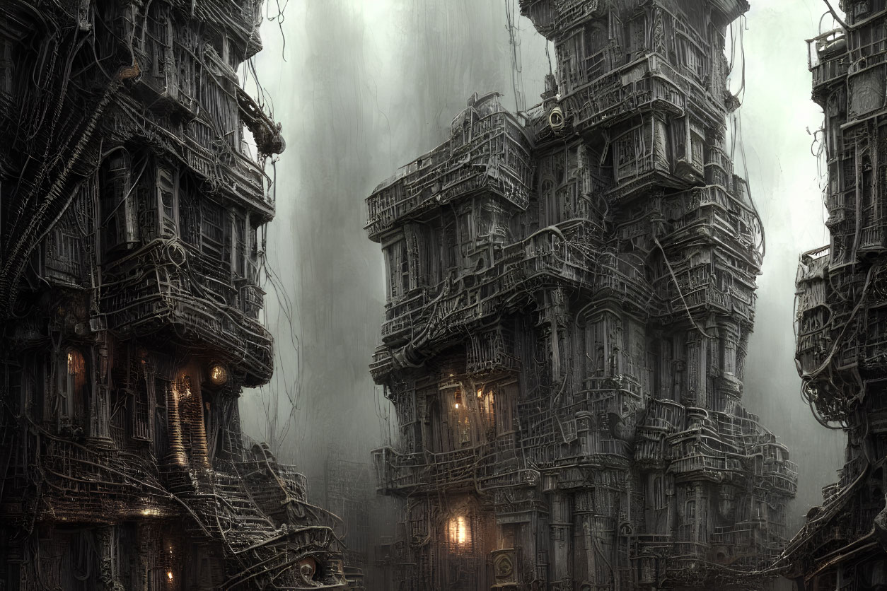 Eerie mist-covered buildings with dimly lit windows