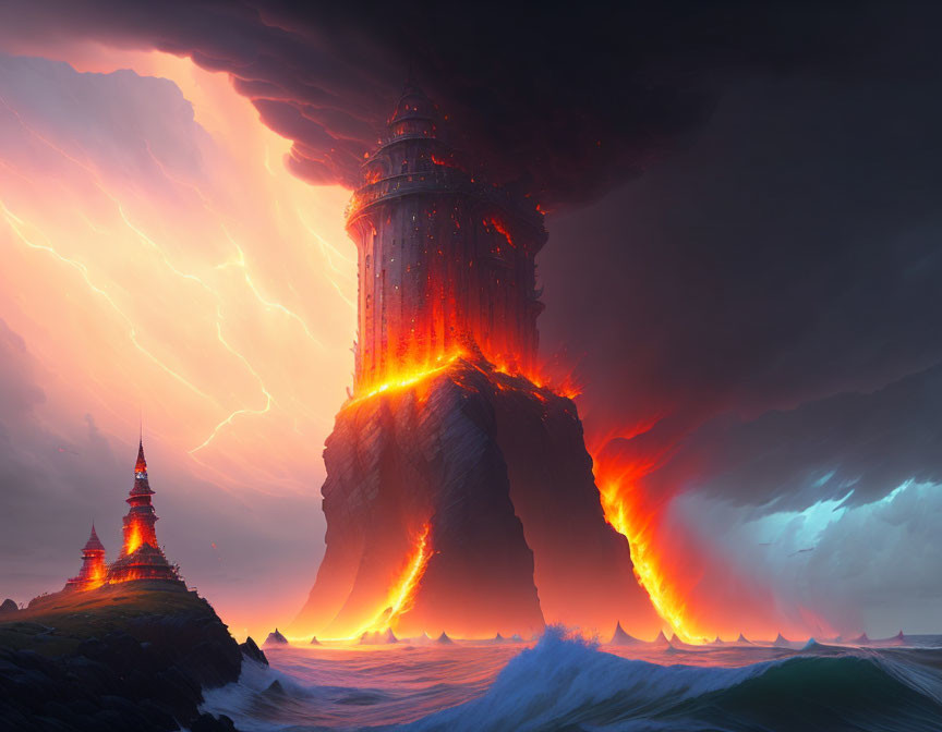 Majestic lighthouse on cliff with lava, lightning, stormy sky