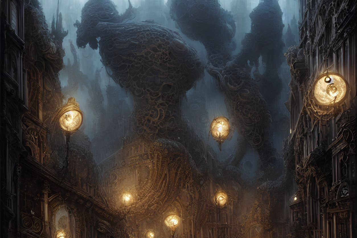 Gothic cityscape with glowing street lamps and colossal statues