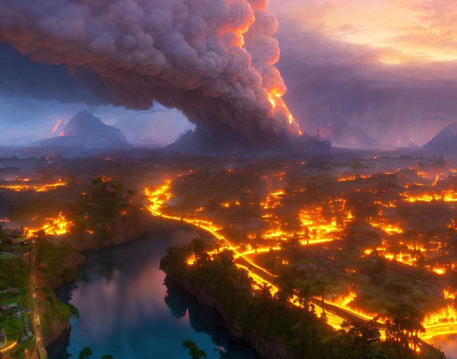 Dramatic volcanic eruption with lava flows at sunset over riverside bridge