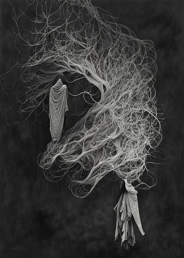 Monochrome artwork of two cloaked figures with flowing hair in surreal setting