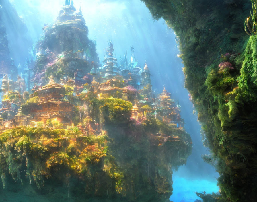 Underwater city with ambient light, lush greenery, and coral-like structures