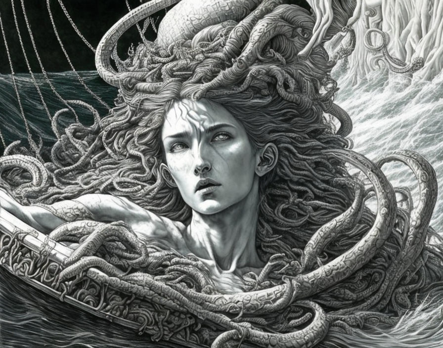 Detailed grayscale illustration of woman with snake-like hair, resembling Medusa, featuring intricate textures.