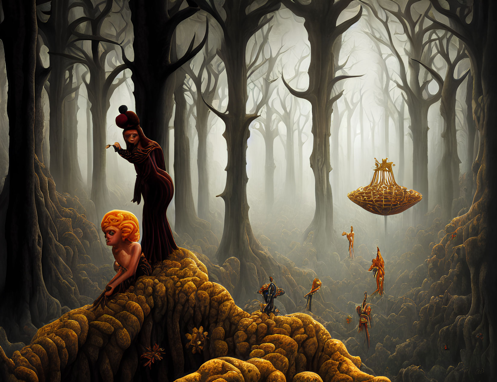 Surreal forest scene with anthropomorphic trees and fantastical figures