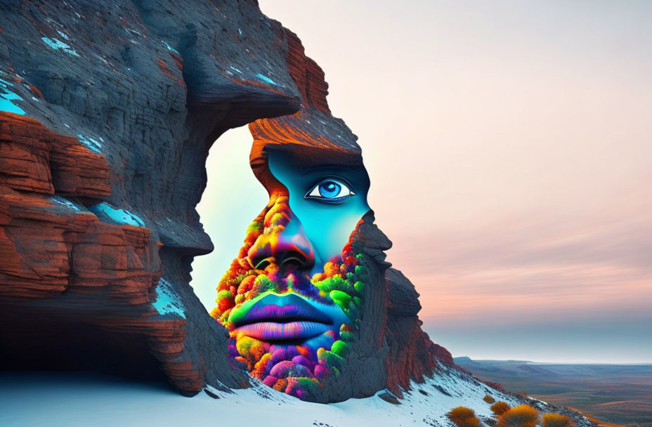 Colorful Human Face Rock Formation in Desert Sunset