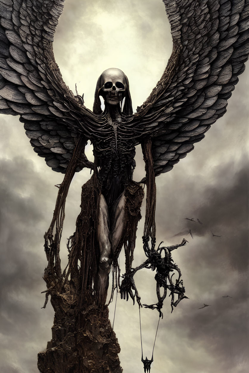 Skeletal figure with wings on rocks under dark clouds