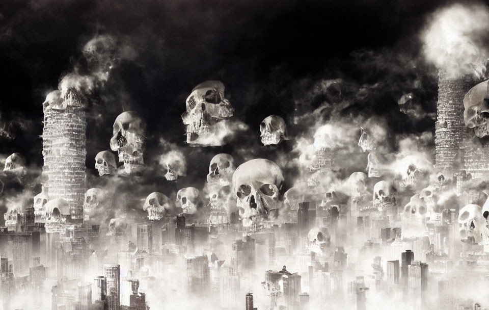 Monochromatic surreal cityscape with mist, smoke, and ghostly human skulls.