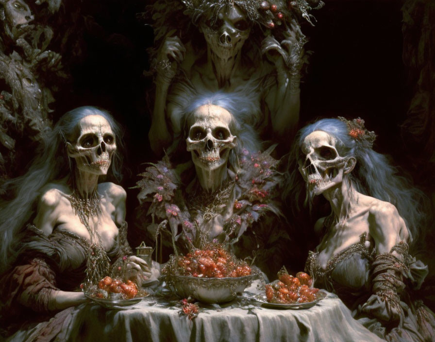 Dark skeletal figures with floral accents at table with red fruits.