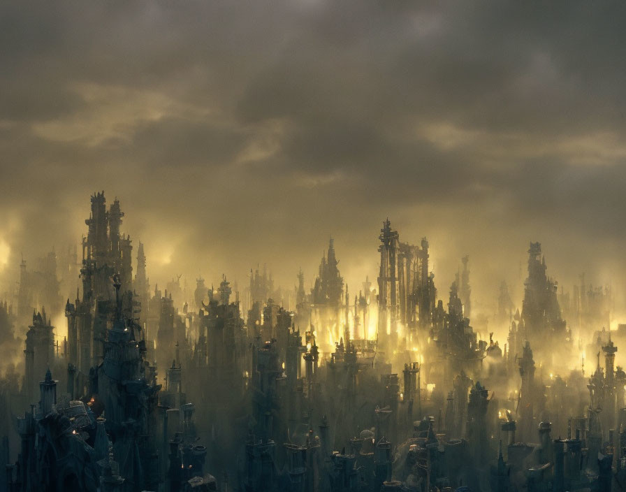 Dystopian cityscape with misty towers in golden light