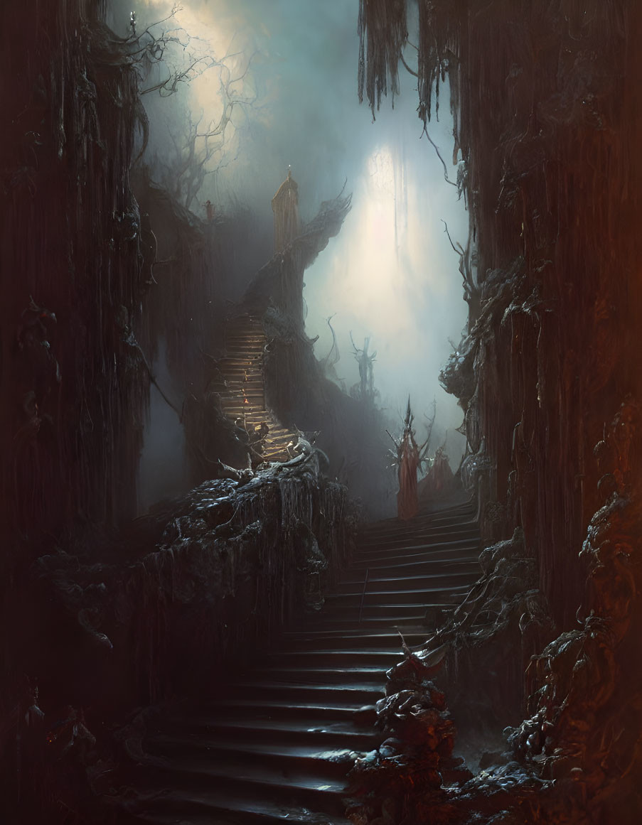 Mystical cavern with towering rocky walls and winding staircase in foggy setting