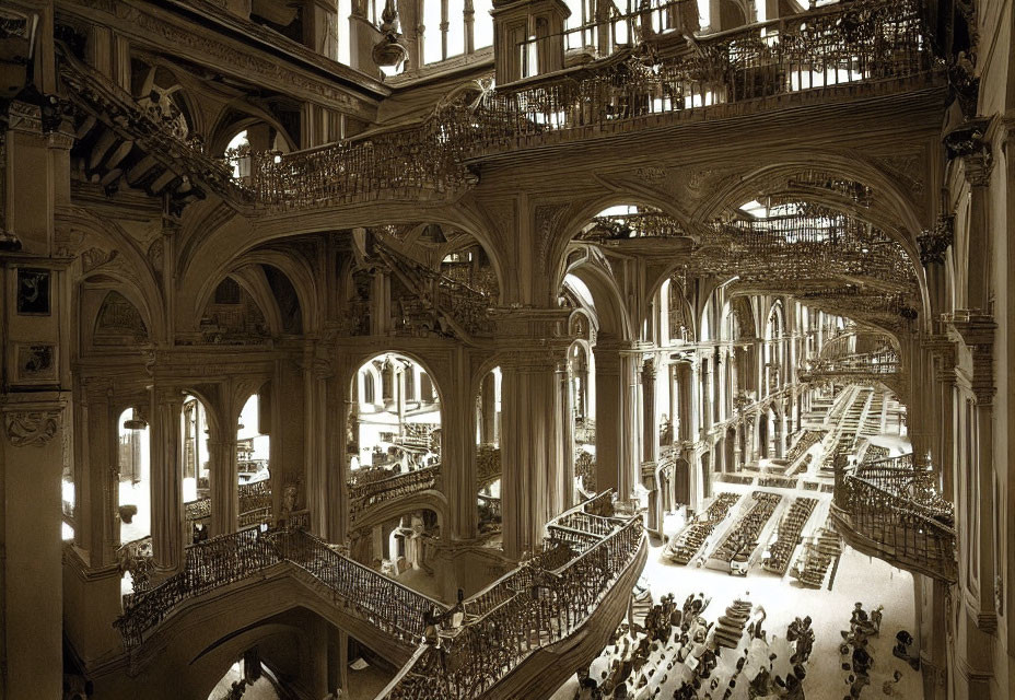 Intricate multi-level library with balustrades, arches, and sunlit interior